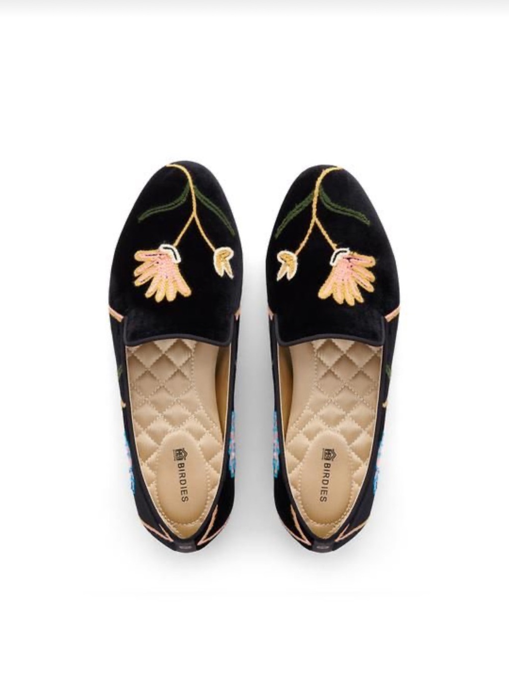 Birdies The Starling Night Velvet Embroidered Black Flora Loafer Flats Size 8